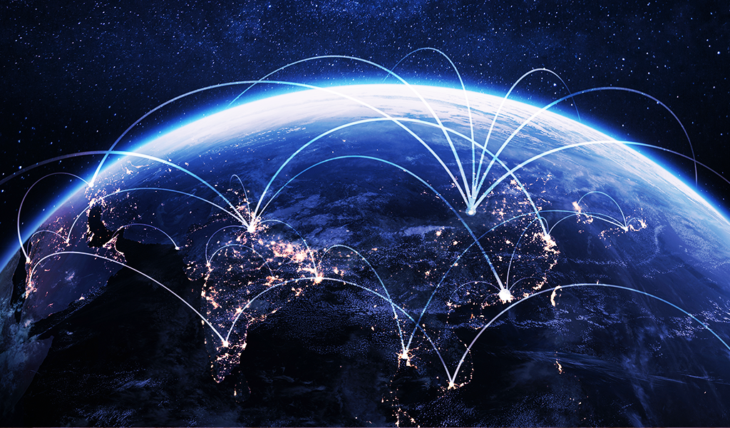 Ilustração do planeta Terra com diversos países se interligando.