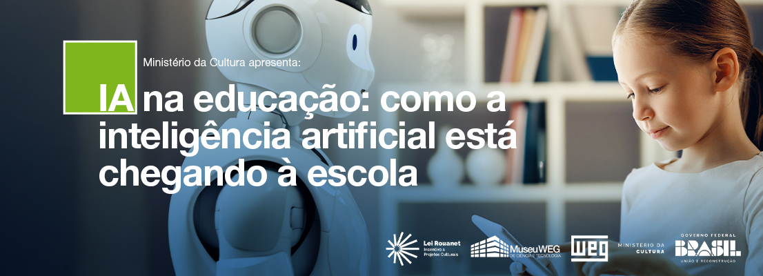 Banner de criança interagindo com robô.