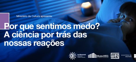 Imagem de divulgação do evento do Ministério da Cultura discutindo o medo, a ciência e nossas reações, com foco na saúde mental e emocional, incluindo uma criança na cama.