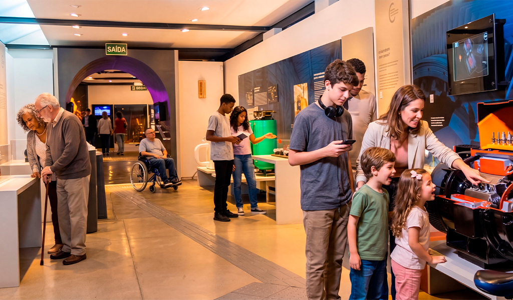 Famílias visitando Museu WEG Ciência Tecnologia