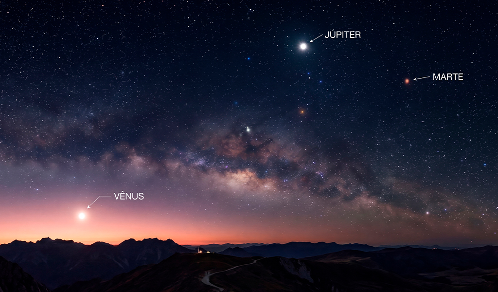 Vênus Júpiter e Marte céu noturno