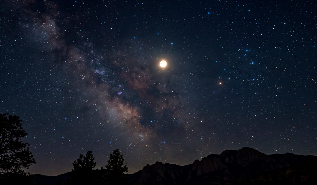Lua cheia na Via Láctea noturna