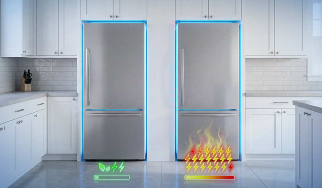 Cozinha branca com duas geladeiras de aço inox lado a lado, contornadas por uma luz azul. Sob a geladeira da esquerda, ícones verdes de folhas e raios com uma barra de consumo quase vazia, indicando baixo consumo de energia. Sob a da direita, chamas e muitos raios vermelhos e amarelos com uma barra cheia, indicando alto consumo.