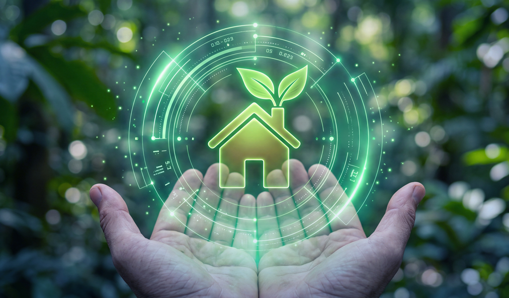 Duas mãos abertas, em formato de concha, seguram o holograma luminoso de uma casa verde com duas folhas saindo do telhado. Círculos digitais envolvem o ícone, sobre um fundo desfocado de floresta.