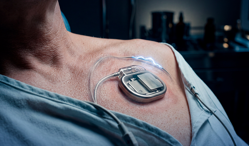 Marcapasso transparente implantado sob a pele do peito de um paciente de avental hospitalar, com fios conectados e uma faísca elétrica azul percorrendo um deles.