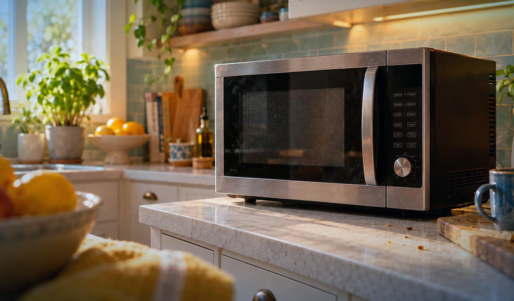 Forno de micro-ondas de aço inox sobre a bancada de mármore de uma cozinha iluminada pelo sol, com limões em uma fruteira, plantas e uma tábua de madeira ao fundo.