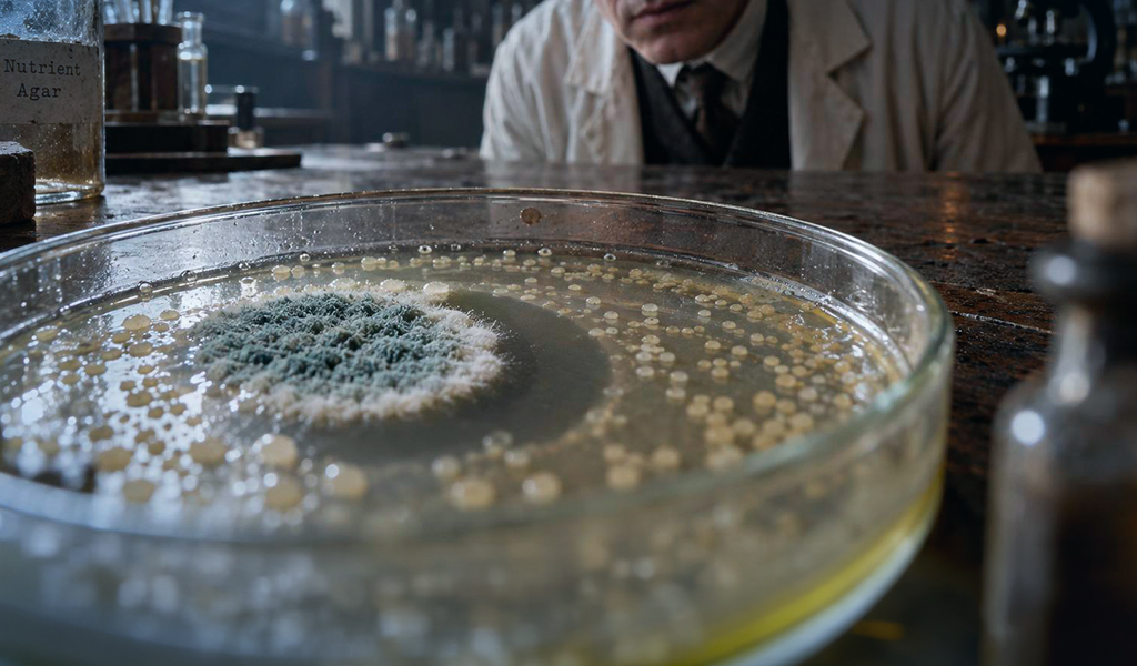Placa de Petri com uma colônia de mofo azul-esverdeado cercada por uma área clara e por pequenas colônias de bactérias amareladas. Ao fundo, desfocado, um homem de jaleco e gravata está sentado atrás da bancada, e um frasco ao lado tem o rótulo "Nutrient Agar".