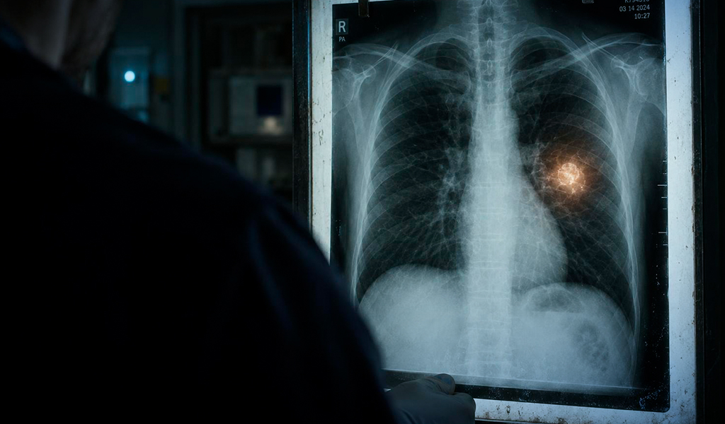 Radiografia de tórax em um negatoscópio, com um ponto luminoso alaranjado no pulmão esquerdo. Em primeiro plano, a silhueta escura de uma pessoa de costas observa o exame.